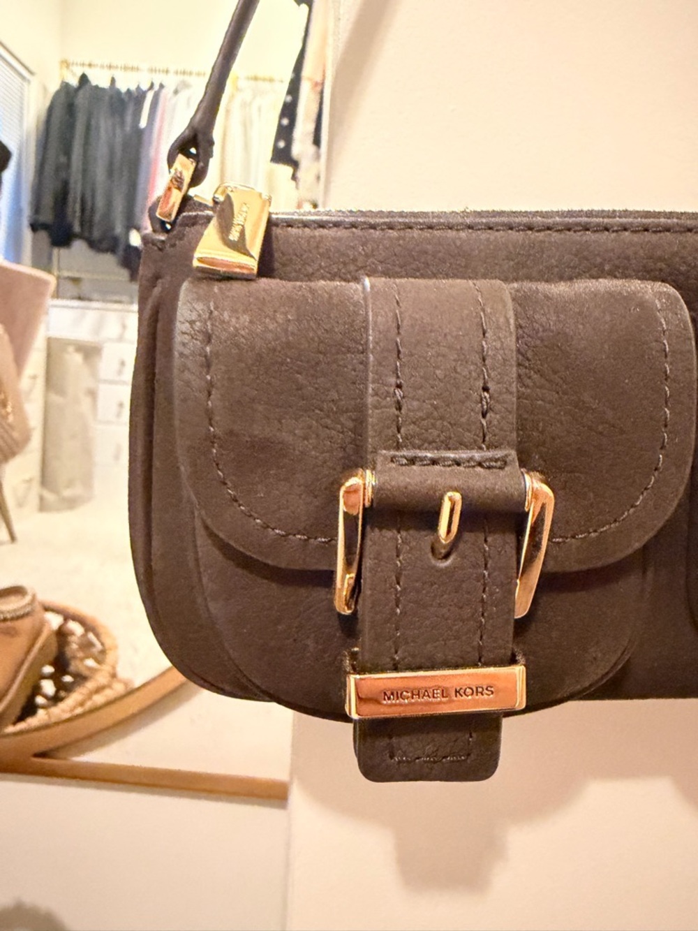 Michael Kors Dark Brown Suede Mini Shoulder Bag with Gold Hardware - Picture 2 of 5
